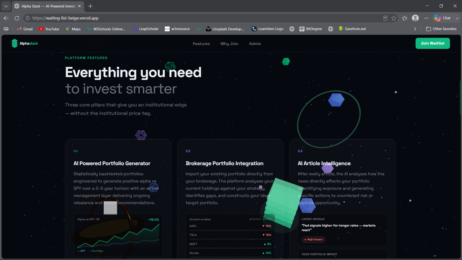 Alpha Stack — AI investment platform showing portfolio generator, brokerage integration, and AI article intelligence features