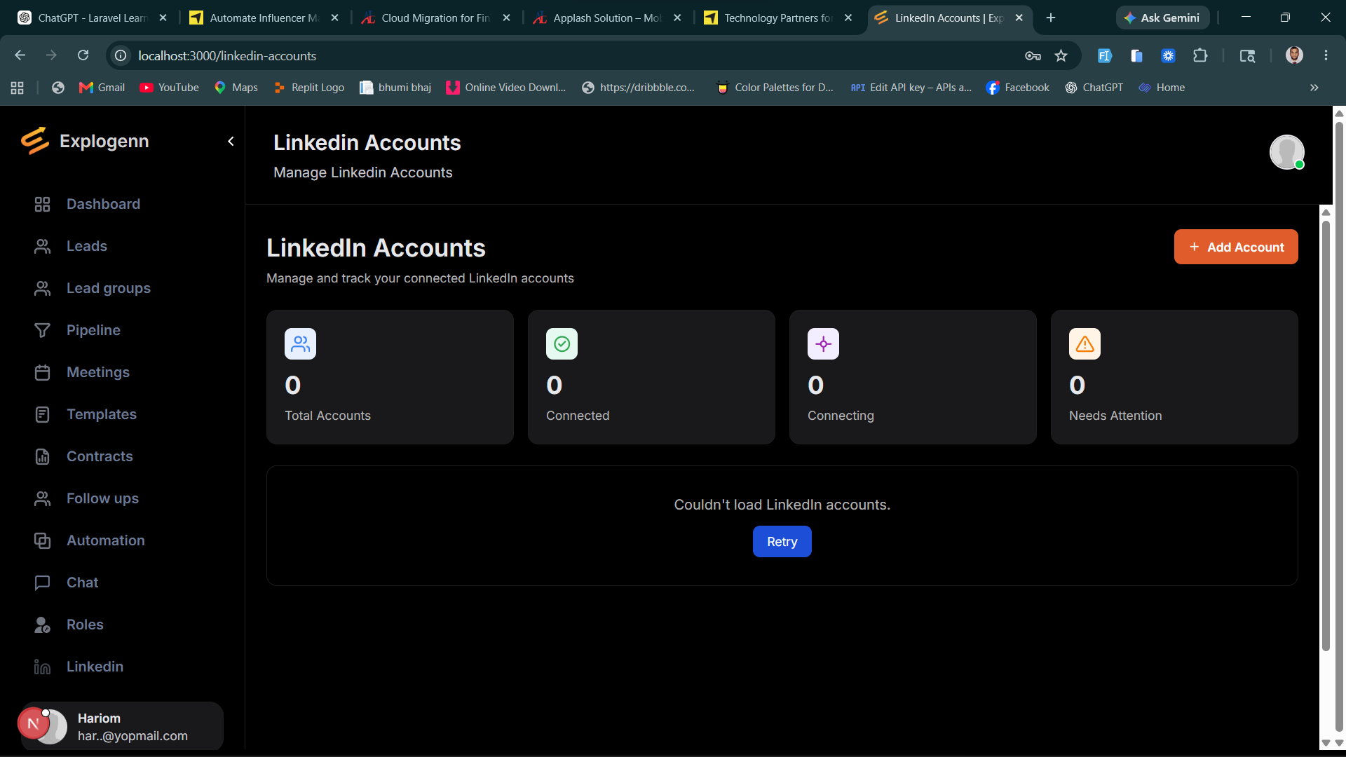 Explogenn — LinkedIn Accounts management dashboard showing connected accounts, leads, pipeline and automation