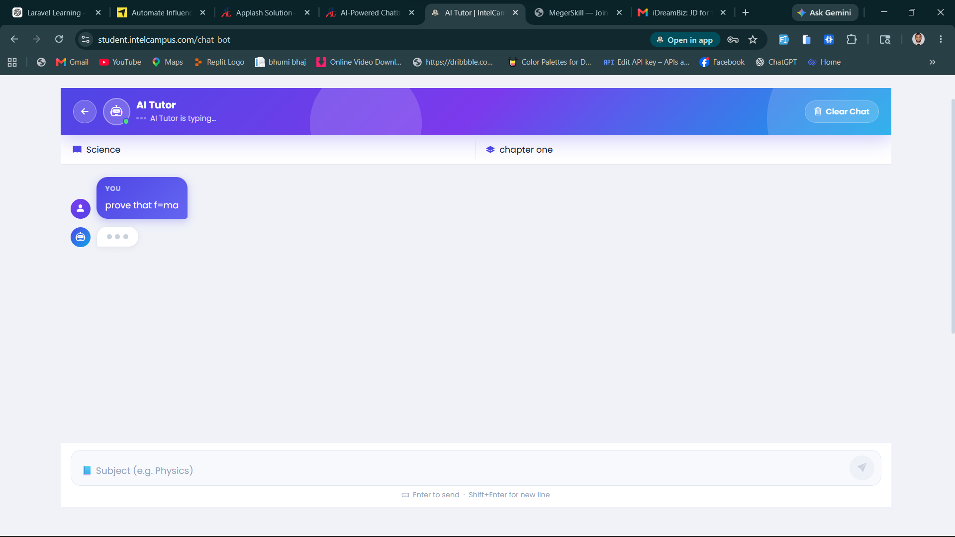 IntelCampus AI Tutor — Student asking 'prove that f=ma'