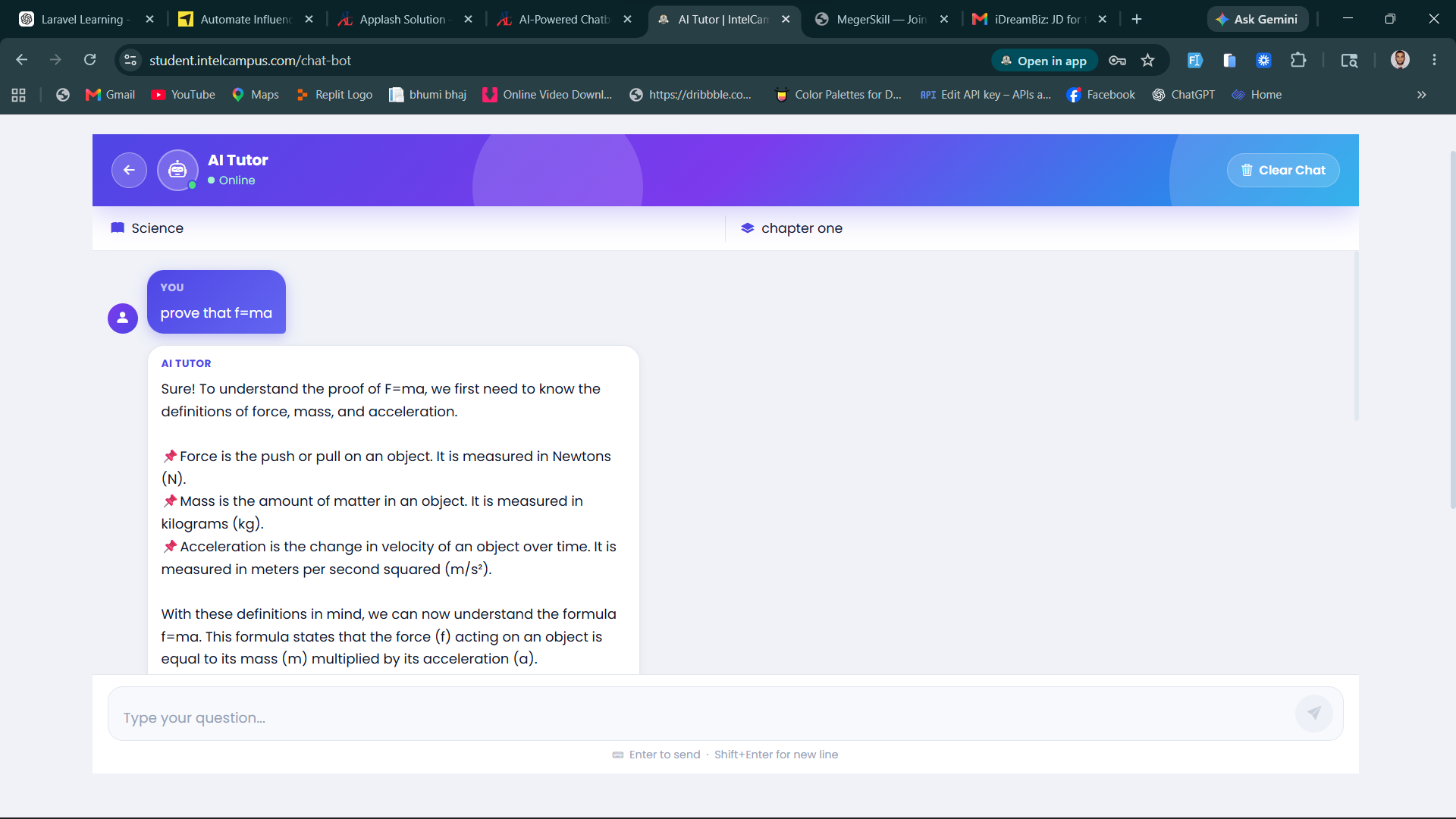 IntelCampus AI Tutor — AI explaining Newton's Second Law F=ma