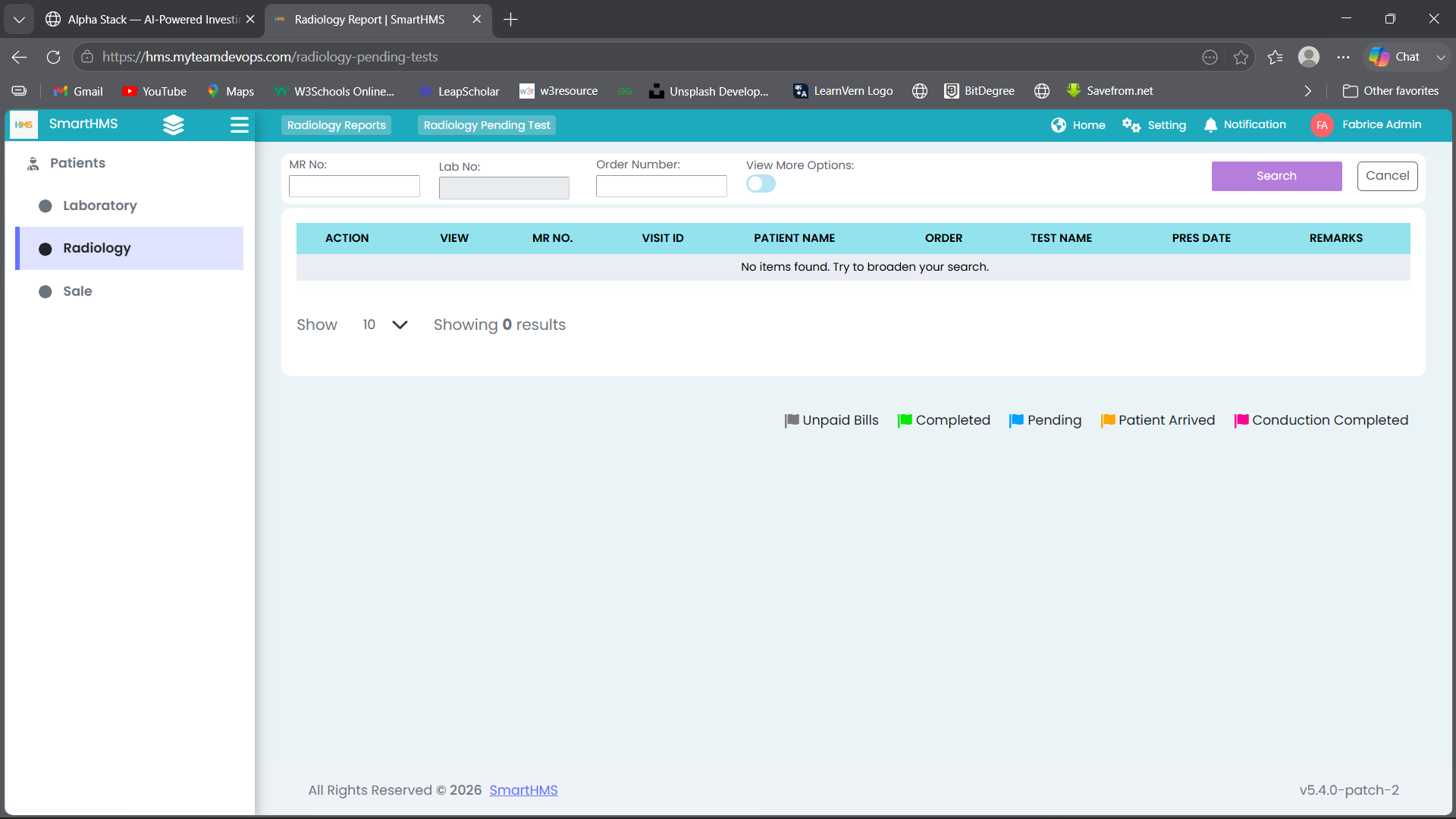 SmartHMS — Radiology Pending Tests module showing patient test management, status tracking, and multi-status legend