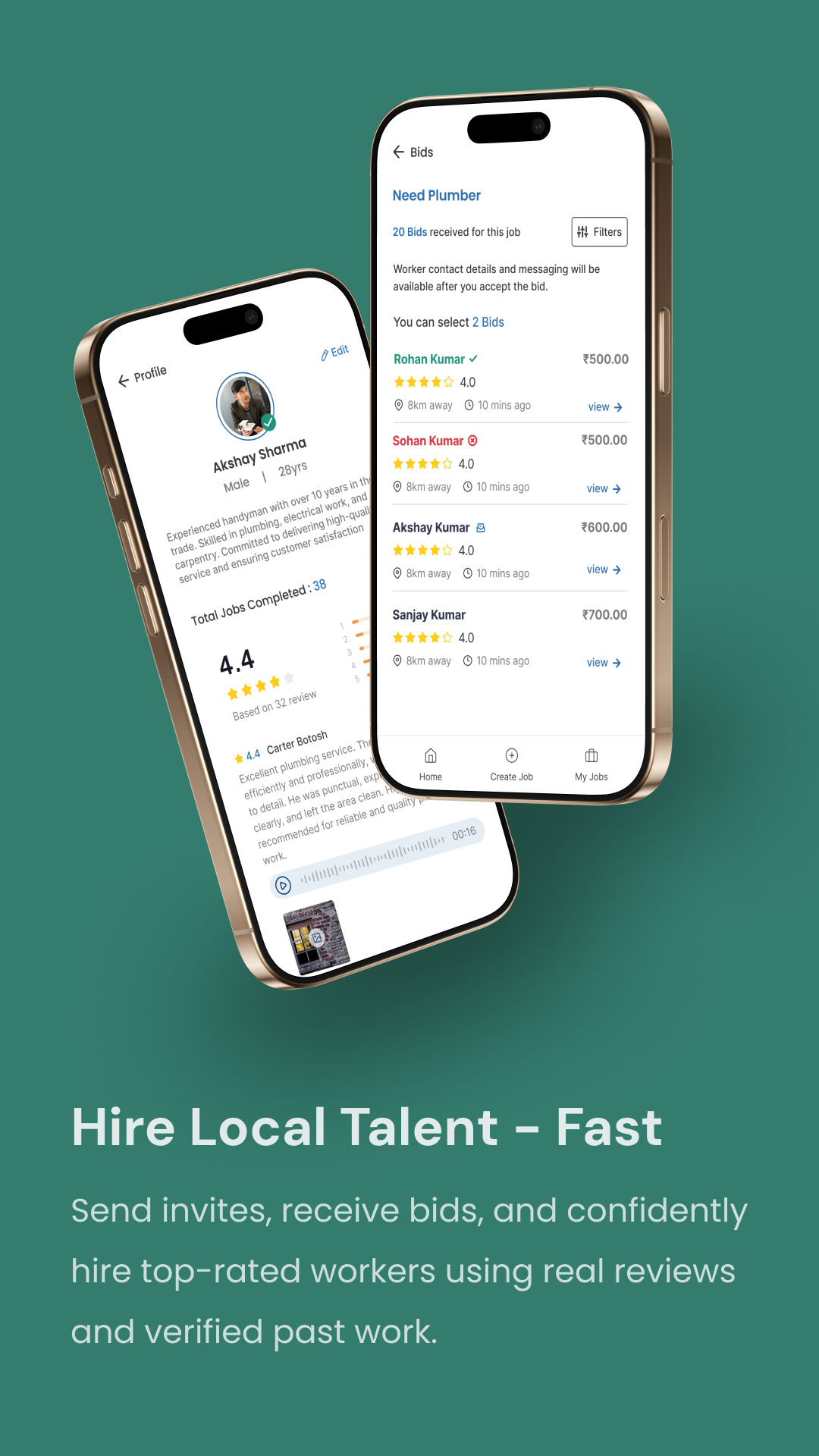 Hoodex app — worker profiles, bidding system, and hire local talent screen