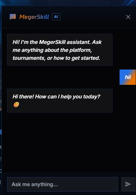 MegerSkill AI Chatbot — Platform assistant helping users with tournaments and getting started